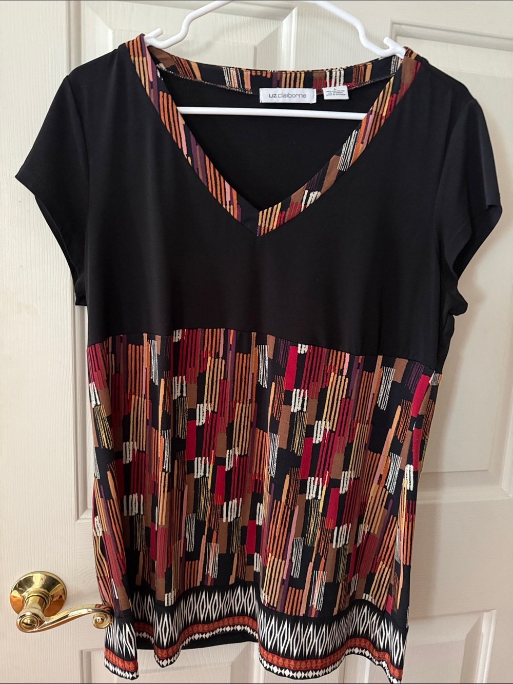 Liz Claiborne Black Top with Multicolor Geometric Panel